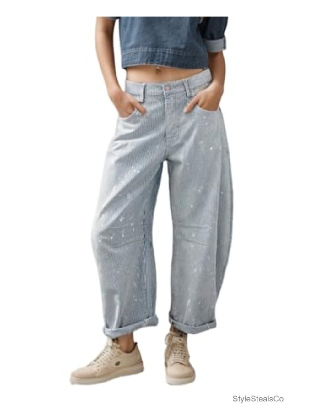 Women Casual Baggy Wide Leg Barrel Denim Jeans Mid Waist Y2K Stretchable